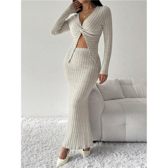 Women 2pcs Set Solid Color V-Neck Twist Design Slit Long Sleeve Top And Skirt - Picture 1 of 7